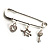 Crystal Key, Star And Heart Charm Safety Pin Brooch (Silver Tone) - view 2