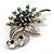 Emerald Green Crystal Floral Brooch (Silver Tone) - view 4