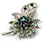 Emerald Green Crystal Floral Brooch (Silver Tone) - view 3