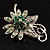 Emerald Green Crystal Floral Brooch (Silver Tone) - view 2
