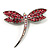 Classic Pink Crystal Dragonfly Brooch in Silver Tone - 65mm - view 5