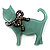 Cat With Crystal Bow Plastic Brooch (Teal & Black)