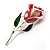 Romantic Enamel Rose Brooch (Pink & Green, Silver Tone)