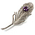 Large Swarovski Crystal Peacock Feather Silver Tone Brooch (Clear & Purple) - 11.5cm Length