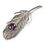 Large Swarovski Crystal Peacock Feather Silver Tone Brooch (Clear & Purple) - 11.5cm Length - view 8