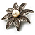 Antique Silver Simulated Pearl Crystal Flower Brooch - view 4