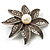 Antique Silver Simulated Pearl Crystal Flower Brooch - view 2