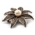 Antique Silver Simulated Pearl Crystal Flower Brooch - view 6