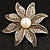 Antique Silver Simulated Pearl Crystal Flower Brooch - view 3