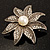 Antique Silver Simulated Pearl Crystal Flower Brooch - view 5