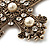 Large Victorian Filigree Imitation Pearl Crystal Cross Brooch (Antique Gold) - view 9