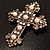 Large Victorian Filigree Imitation Pearl Crystal Cross Brooch (Antique Gold) - view 5