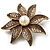 Antique Gold Simulated Pearl Crystal Flower Brooch - view 4
