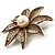 Antique Gold Simulated Pearl Crystal Flower Brooch - view 3
