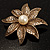 Antique Gold Simulated Pearl Crystal Flower Brooch - view 5