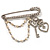 'Heart, Crown, Key & Simulated Pearl Chain' Charm Diamante Safety Pin Brooch (Silver Tone)