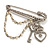 'Heart, Crown, Key & Simulated Pearl Chain' Charm Diamante Safety Pin Brooch (Silver Tone) - view 3
