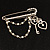 'Heart, Crown, Key & Simulated Pearl Chain' Charm Diamante Safety Pin Brooch (Silver Tone) - view 6