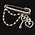 'Heart, Crown, Key & Simulated Pearl Chain' Charm Diamante Safety Pin Brooch (Silver Tone) - view 2