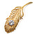 Large Swarovski Crystal Peacock Feather Gold Tone Brooch (Clear) - 11.5cm Length - view 6