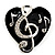 Black Enamel Crystal 'Musical Heart' Brooch (Silver Tone Metal)