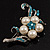 Silver Tone White Simulated Pearl Azure Diamante Floral Brooch