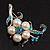 Silver Tone White Simulated Pearl Azure Diamante Floral Brooch - view 6