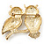 Two Crystal Sitting Owls Brooch (Bright Gold Tone Metal) - view 3