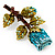 Exquisite Teal Blue Swarovski Crystal Rose Brooch (Gold Plated Metal) - 60mm Across - view 5