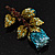 Exquisite Teal Blue Swarovski Crystal Rose Brooch (Gold Plated Metal) - 60mm Across - view 6