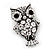 Antique Silver Metal Clear Crystal Owl Brooch - view 7
