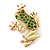 Small Salad Green Enamel Swarovski Crystal 'Leaping Frog' Brooch In Gold Plated Metal - 3cm Length
