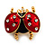 Red/Black Enamel Crystal Lady Bug Brooch In Gold Plated Metal - 2.3cm Length