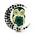 Green Enamel Crystal 'Owl On The Moon' Brooch In Silver Plated Metal - view 2