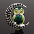 Green Enamel Crystal 'Owl On The Moon' Brooch In Silver Plated Metal