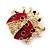 Black/Red Enamel Crystal Lady Bug Brooch In Gold Plated Metal - 2cm Length - view 4