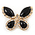 Black Enamel Diamante Butterfly Brooch In Light Gold Metal - 3cm Length