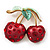 Large Diamante Enamel 'Double Cherry' Brooch In Gold Plated Metal - 5cm Length - view 3