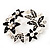 Black Enamel Simulated Pearl Crystal Wreath Brooch In Silver Tone Finish - 5cm Diameter - view 6