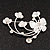 Flower & Butterfly White/Black Enamel Crystal Brooch In Silver Tone Metal - 6cm Length - view 2