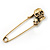 Double Skull Safety Pin Brooch In Burn Gold Metal - 6.5cm Length