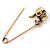 Double Skull Safety Pin Brooch In Burn Gold Metal - 6.5cm Length - view 5