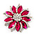 Magenta/Clear Diamante Floral Corsage Brooch In Silver Metal - 5.5cm Diameter
