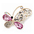 Asymmetrical Pink/Clear Diamante Butterfly Brooch In Gold Finish - 5cm Length - view 2