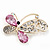 Asymmetrical Pink/Clear Diamante Butterfly Brooch In Gold Finish - 5cm Length - view 3
