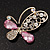 Asymmetrical Pink/Clear Diamante Butterfly Brooch In Gold Finish - 5cm Length