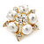 Stunning Bridal Simulated Pearl Crystal Brooch (Snow White & Gold Plated) - 4cm Diameter - view 3