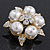 Stunning Bridal Simulated Pearl Crystal Brooch (Snow White & Gold Plated) - 4cm Diameter - view 4