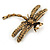 Vintage Citrine Crystal 'Dragonfly With Simulated Pearl' Brooch In Antique Gold Metal - 6cm Length - view 6
