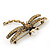 Vintage Citrine Crystal 'Dragonfly With Simulated Pearl' Brooch In Antique Gold Metal - 6cm Length - view 7